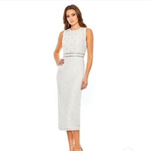 MacDuggal SLEEVELESS HIGH NECK BEADED MIDI SHEATH DRESS perfect for bridal event
